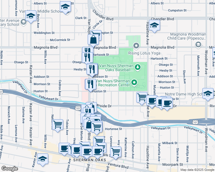 map of restaurants, bars, coffee shops, grocery stores, and more near 4857 Lennox Avenue in Los Angeles