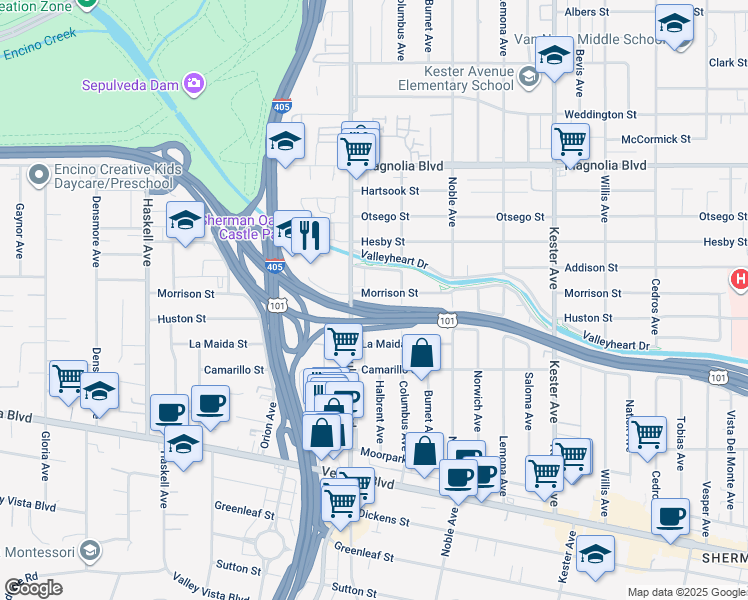 map of restaurants, bars, coffee shops, grocery stores, and more near 15234 Morrison Street in Los Angeles