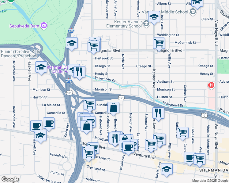 map of restaurants, bars, coffee shops, grocery stores, and more near 15136 Morrison Street in Los Angeles