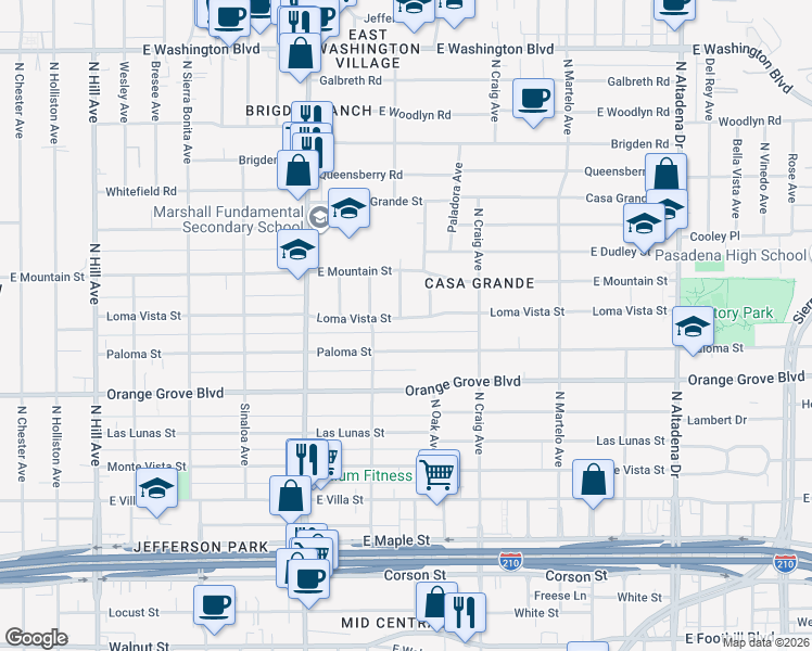 map of restaurants, bars, coffee shops, grocery stores, and more near 1992 Loma Vista Street in Pasadena