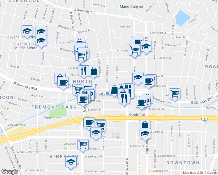 map of restaurants, bars, coffee shops, grocery stores, and more near 1006 San Rafael Avenue in Glendale