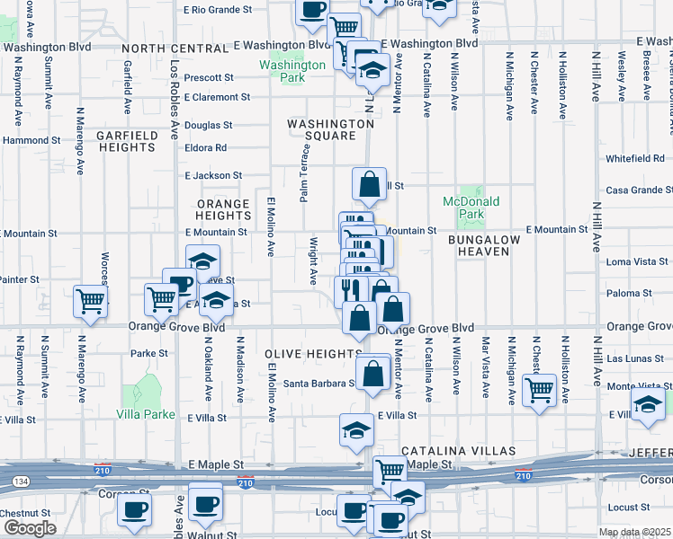 map of restaurants, bars, coffee shops, grocery stores, and more near 804 Boylston Street in Pasadena