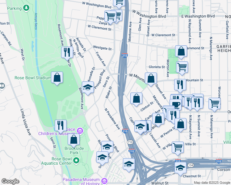 map of restaurants, bars, coffee shops, grocery stores, and more near 909 Cypress Avenue in Pasadena