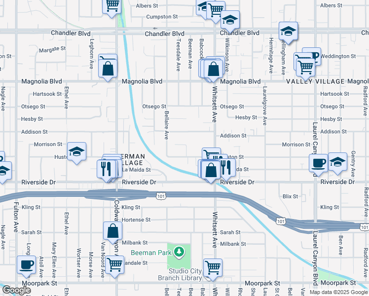 map of restaurants, bars, coffee shops, grocery stores, and more near 12631 Huston Street in Los Angeles