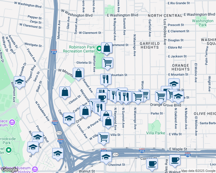 map of restaurants, bars, coffee shops, grocery stores, and more near in Pasadena