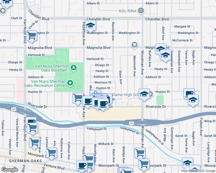 map of restaurants, bars, coffee shops, grocery stores, and more near 13935 Huston Street in Los Angeles