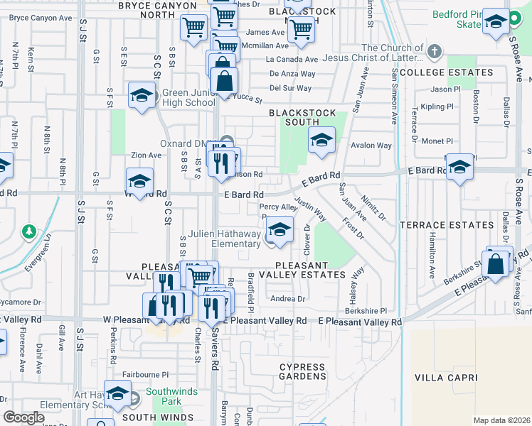map of restaurants, bars, coffee shops, grocery stores, and more near 413 Percy Street in Oxnard