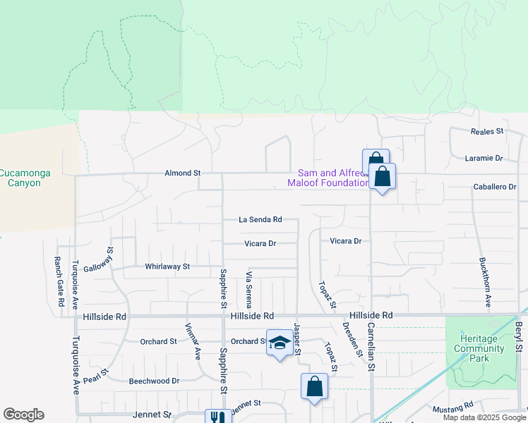 map of restaurants, bars, coffee shops, grocery stores, and more near 8326 La Senda Road in Rancho Cucamonga