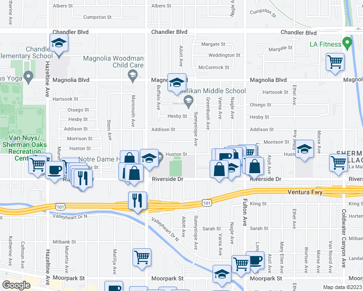 map of restaurants, bars, coffee shops, grocery stores, and more near 13536 Morrison Street in Los Angeles
