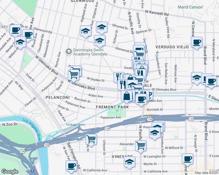 map of restaurants, bars, coffee shops, grocery stores, and more near 641 West Glenoaks Boulevard in Glendale