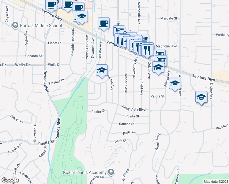 map of restaurants, bars, coffee shops, grocery stores, and more near 4956 Doman Avenue in Los Angeles