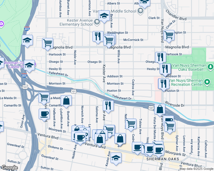 map of restaurants, bars, coffee shops, grocery stores, and more near 4924 Kester Avenue in Los Angeles