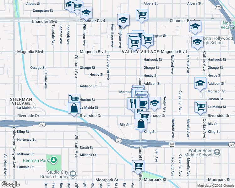 map of restaurants, bars, coffee shops, grocery stores, and more near 12222 Morrison Street in Los Angeles
