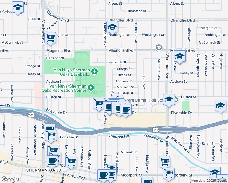 map of restaurants, bars, coffee shops, grocery stores, and more near 14019 Peach Grove Street in Los Angeles