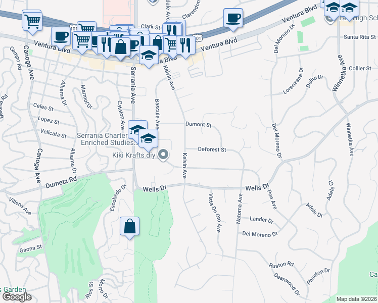 map of restaurants, bars, coffee shops, grocery stores, and more near 4938 Kelvin Avenue in Los Angeles