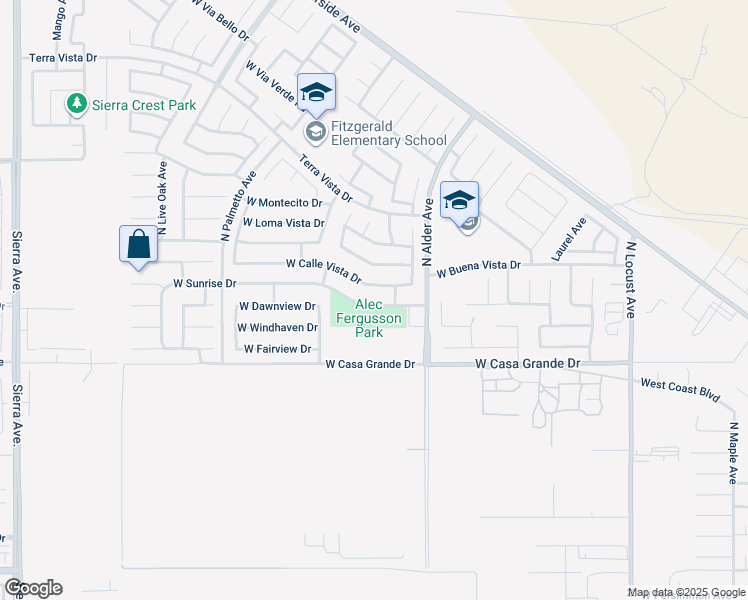 map of restaurants, bars, coffee shops, grocery stores, and more near 2402 West Sunrise Drive in Rialto