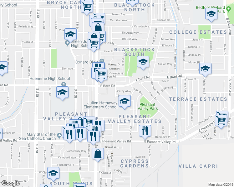 map of restaurants, bars, coffee shops, grocery stores, and more near 403 Percy Street in Oxnard