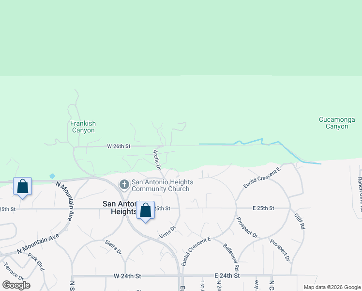 map of restaurants, bars, coffee shops, grocery stores, and more near 2 West 26th Street in Upland