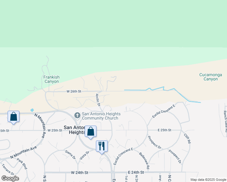 map of restaurants, bars, coffee shops, grocery stores, and more near 0 East 26th Street in Upland