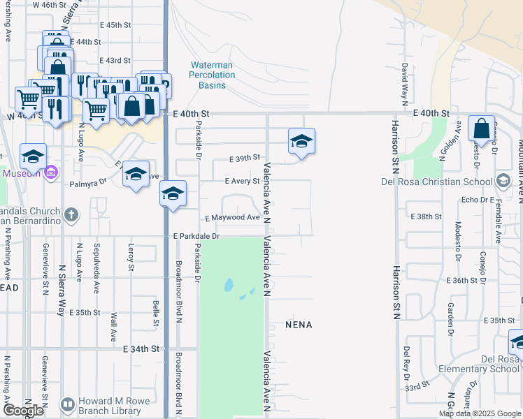 map of restaurants, bars, coffee shops, grocery stores, and more near 685 East Maywood Avenue in San Bernardino