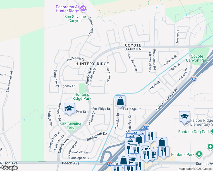 map of restaurants, bars, coffee shops, grocery stores, and more near 14944 Hillstone Avenue in Fontana