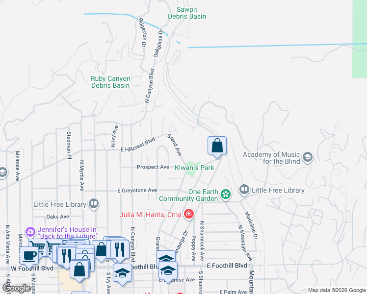 map of restaurants, bars, coffee shops, grocery stores, and more near 371 Grand Avenue in Monrovia