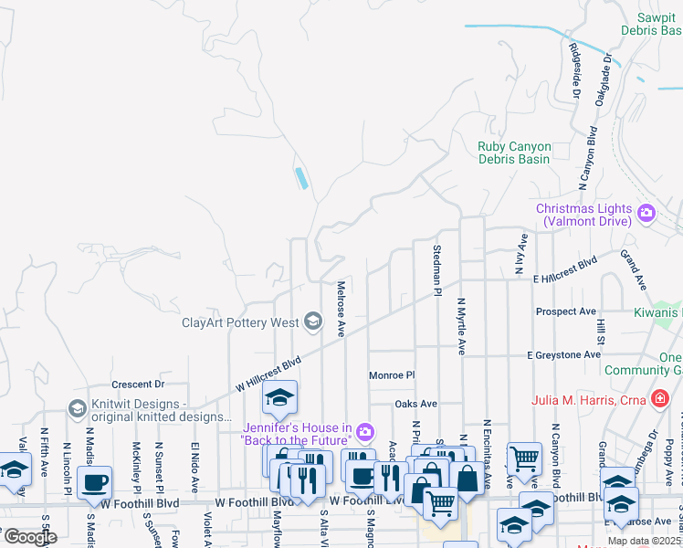 map of restaurants, bars, coffee shops, grocery stores, and more near 364 Melrose Avenue in Monrovia