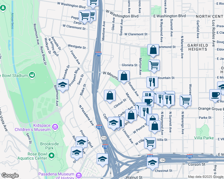 map of restaurants, bars, coffee shops, grocery stores, and more near 322 Barthe Drive in Pasadena