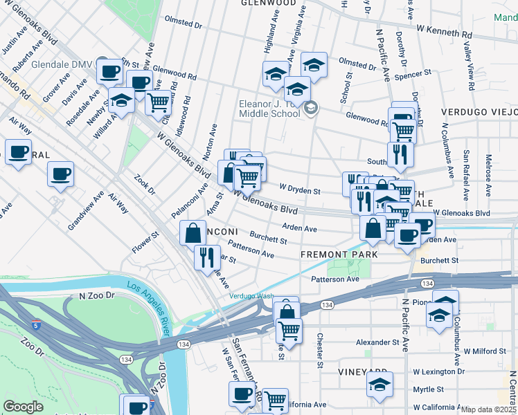 map of restaurants, bars, coffee shops, grocery stores, and more near 809 Arden Avenue in Glendale