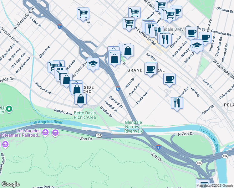map of restaurants, bars, coffee shops, grocery stores, and more near 1416 Lake Street in Glendale