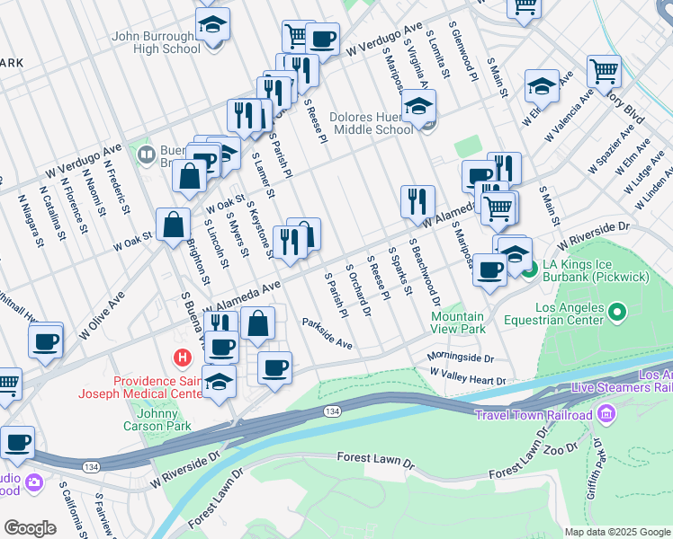 map of restaurants, bars, coffee shops, grocery stores, and more near 524 South Parish Place in Burbank