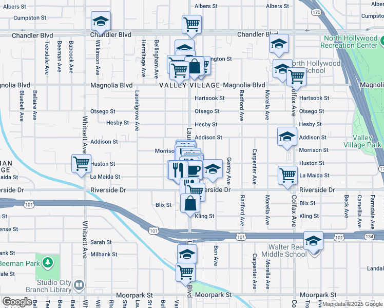 map of restaurants, bars, coffee shops, grocery stores, and more near 4904 Laurel Canyon Boulevard in Los Angeles