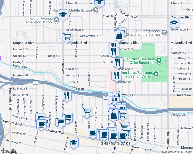 map of restaurants, bars, coffee shops, grocery stores, and more near 14634 Huston Street in Los Angeles
