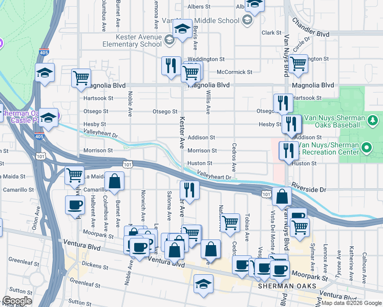 map of restaurants, bars, coffee shops, grocery stores, and more near 14833 Huston Street in Los Angeles