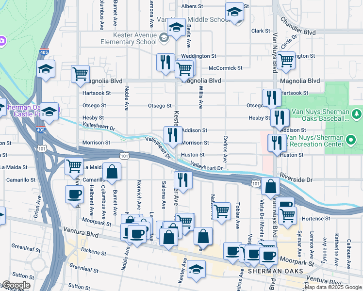 map of restaurants, bars, coffee shops, grocery stores, and more near 14833 Huston Street in Los Angeles