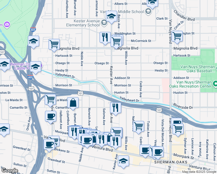 map of restaurants, bars, coffee shops, grocery stores, and more near 14911 Valleyheart Drive in Los Angeles
