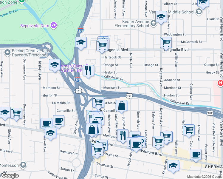 map of restaurants, bars, coffee shops, grocery stores, and more near 15200 Morrison Street in Los Angeles