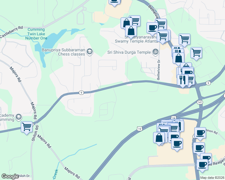 map of restaurants, bars, coffee shops, grocery stores, and more near 2765 Atlanta Highway in Cumming