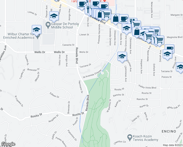 map of restaurants, bars, coffee shops, grocery stores, and more near 4951 North Avenida Oriente in Los Angeles