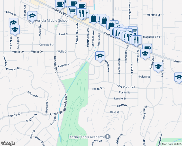 map of restaurants, bars, coffee shops, grocery stores, and more near 18257 Palora Street in Los Angeles