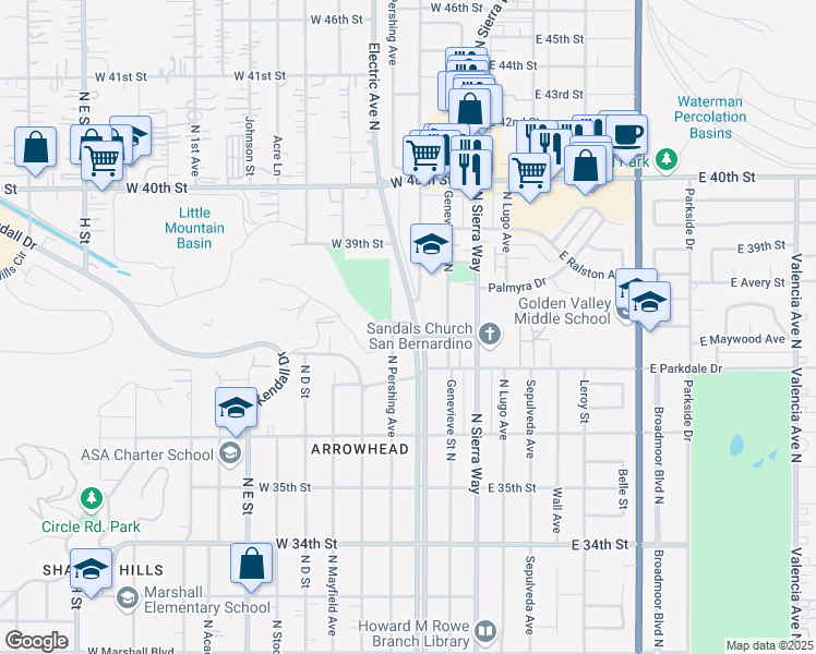 map of restaurants, bars, coffee shops, grocery stores, and more near 233 Edgerton Drive in San Bernardino