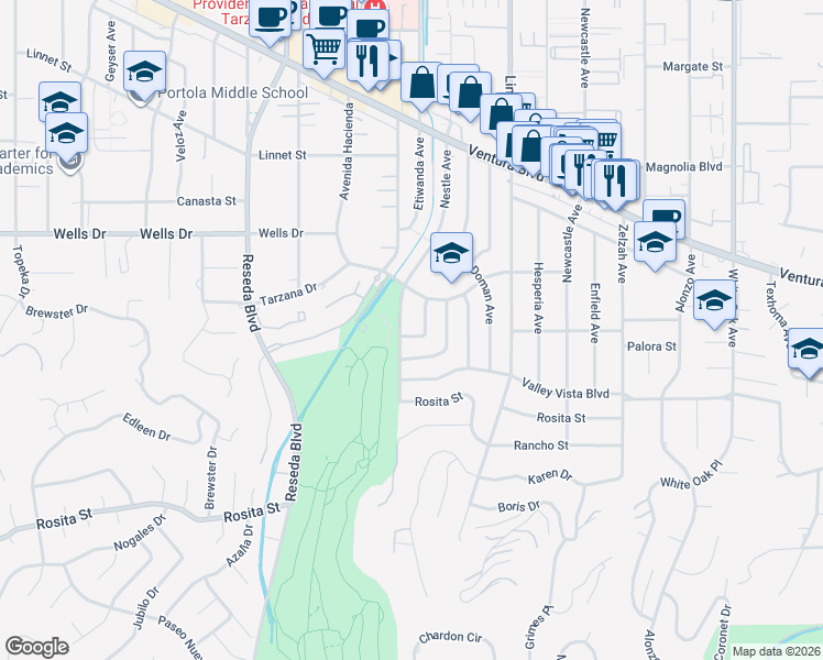 map of restaurants, bars, coffee shops, grocery stores, and more near 18257 Palora Street in Los Angeles
