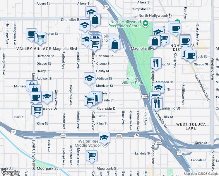 map of restaurants, bars, coffee shops, grocery stores, and more near 11594 Morrison Street in Los Angeles