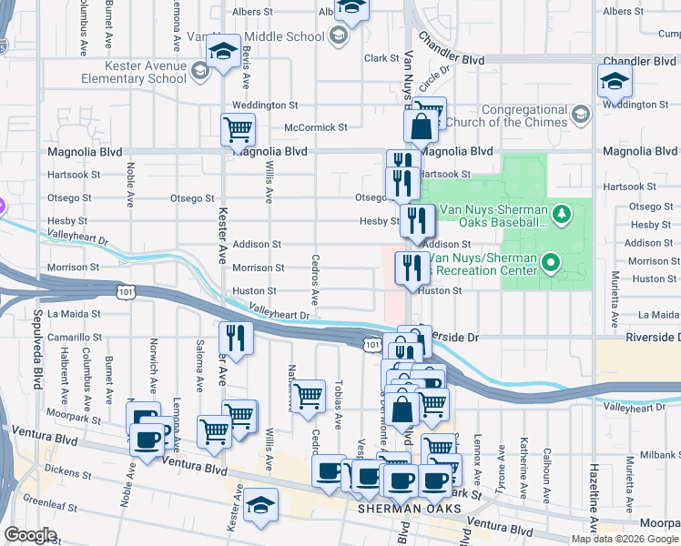 map of restaurants, bars, coffee shops, grocery stores, and more near 14634 Huston Street in Los Angeles