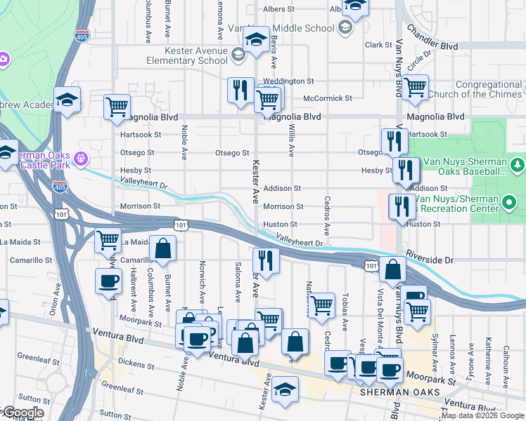 map of restaurants, bars, coffee shops, grocery stores, and more near 4924 Kester Avenue in Los Angeles