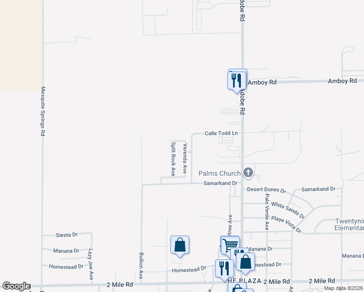 map of restaurants, bars, coffee shops, grocery stores, and more near 5132 Verenda Avenue in Twentynine Palms
