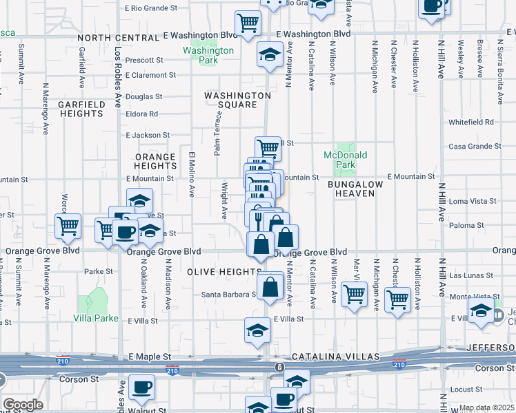 map of restaurants, bars, coffee shops, grocery stores, and more near in Pasadena