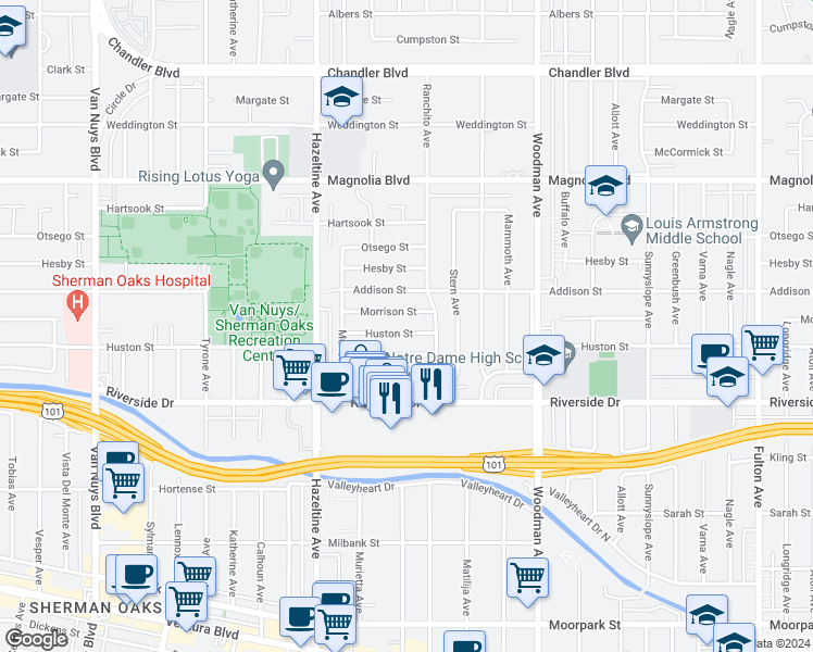 map of restaurants, bars, coffee shops, grocery stores, and more near 13935 Huston Street in Los Angeles