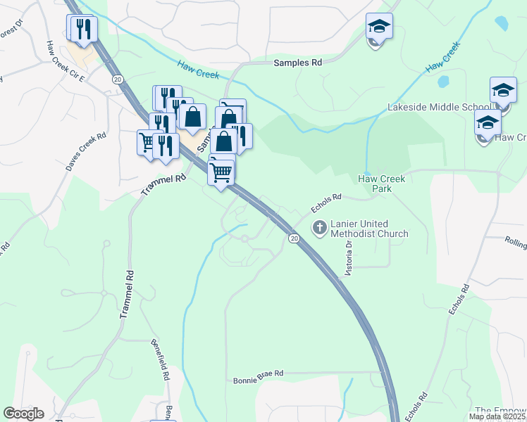 map of restaurants, bars, coffee shops, grocery stores, and more near 1858 Buford Highway in Cumming