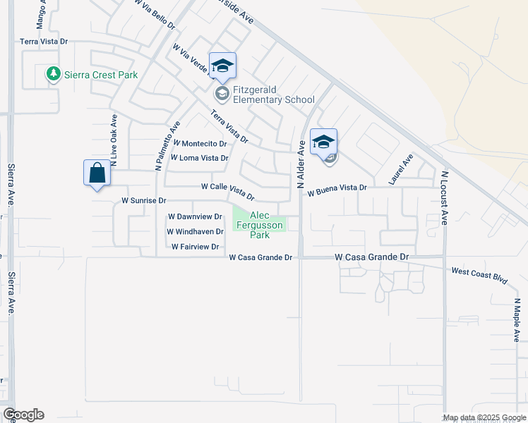 map of restaurants, bars, coffee shops, grocery stores, and more near 2402 West Sunrise Drive in Rialto